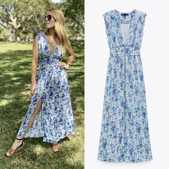 Zara Floral Print Midi Dress With Shoulder Pads Open Front V-Neck Buttons Sz XS - Picture 1 of 14